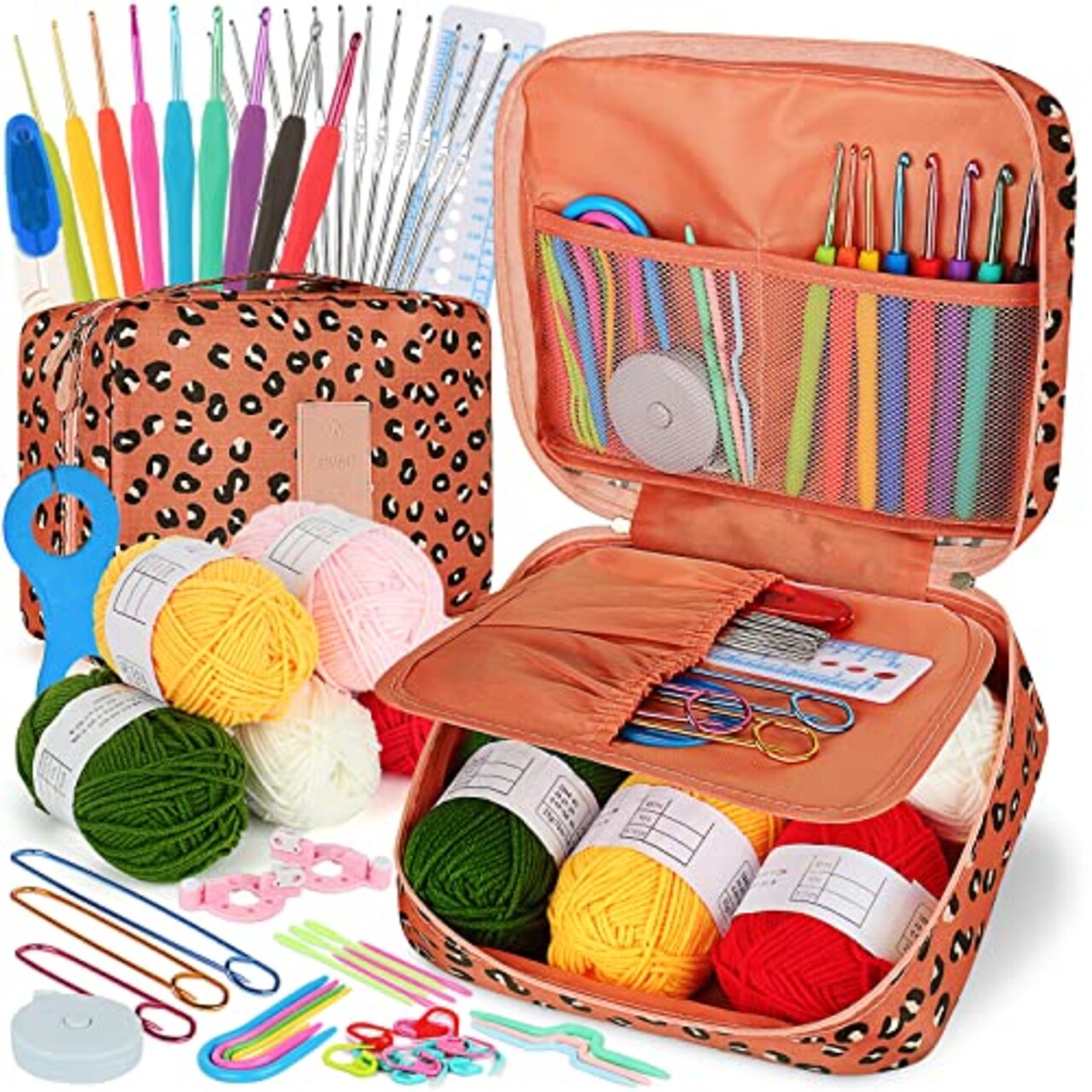 58Pcs/Set Crochet Kit with Storage Bag Yarn and Knitting Accessories Set Crochet  Hook Set for Beginners-Leopard print
